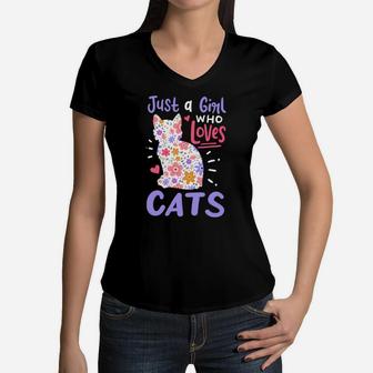 Cat Just A Girl Who Loves Cats Gift For Cat Lovers Women V-Neck T-Shirt | Crazezy CA