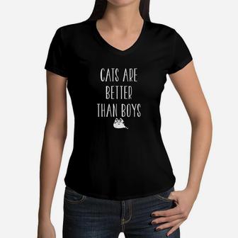 Cat Lover Funny Gift Cats Are Better Than Boys Women V-Neck T-Shirt | Crazezy