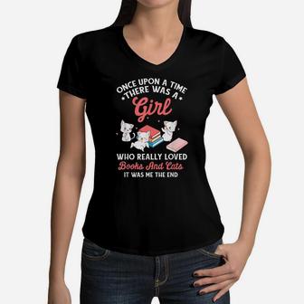 Cat Lovers There Was A Girl Who Loved Books Funny Quote Women V-Neck T-Shirt | Crazezy