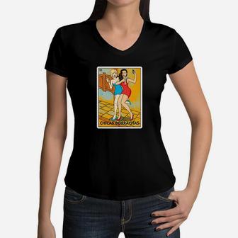 Chicas Borrachas Mexican Card Game Drinking Beer Drunk Girls Women V-Neck T-Shirt | Crazezy