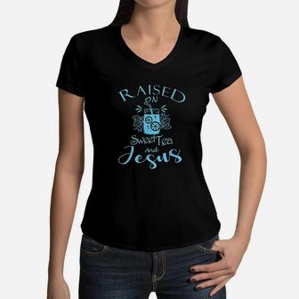 Christian Southern Gift Girls Sweet Tea And Jesus Women V-Neck T-Shirt | Crazezy