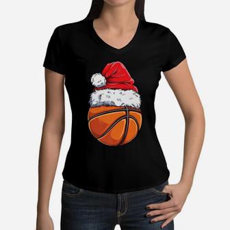 Christmas Basketball Ball Santa Hat Funny Sport Xmas Boys Women V-Neck T-Shirt | Crazezy