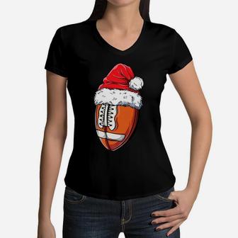 Christmas Football Ball Santa Hat Funny Sport Xmas Boys Kids Women V-Neck T-Shirt | Crazezy