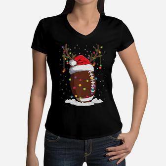 Christmas Football Reindeer Funny Santa Hat Xmas Kids Women V-Neck T-Shirt | Crazezy