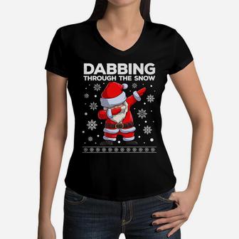 Christmas Santa Dabbing Through The Snow Xmas Kids Boys Dab Women V-Neck T-Shirt | Crazezy DE