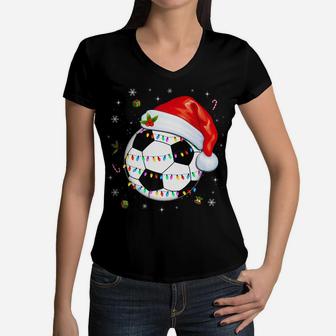 Christmas Soccer Ball Santa Hat Funny Sport Xmas Boys Men Women V-Neck T-Shirt | Crazezy