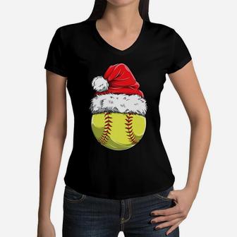 Christmas Softball Ball Santa Hat Funny Sport Xmas Girls Women V-Neck T-Shirt | Crazezy CA