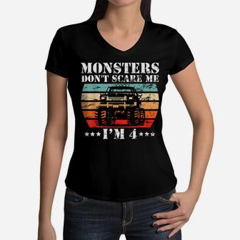 Cool Monster Truck Birthday Party 4 Year Old Boy Truck Gift Women V-Neck T-Shirt | Crazezy