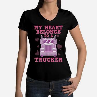 Cool Truckers Wife Gift For Women Funny Truck Driver Girl Women V-Neck T-Shirt | Crazezy DE