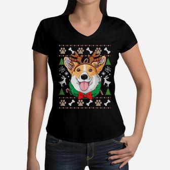 Corgi Ugly Christmas Reindeer Antlers Xmas Girls Kids Dog Sweatshirt Women V-Neck T-Shirt | Crazezy UK
