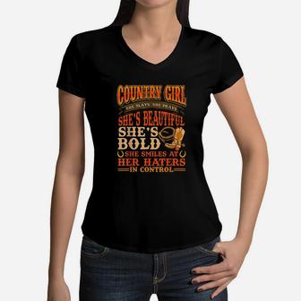 Country Girl She Is Beautiful She's Bold In Control Women V-Neck T-Shirt | Crazezy UK
