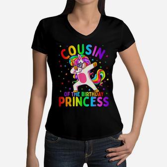 Cousin Of The Birthday Princess Girl Dabbing Unicorn Women V-Neck T-Shirt | Crazezy