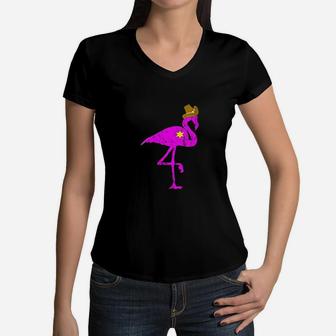 Cowboy Flamingo Women V-Neck T-Shirt | Crazezy