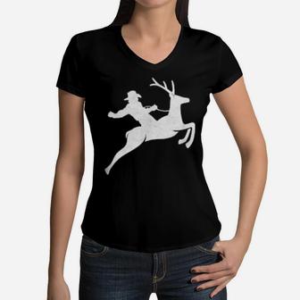 Cowboy Riding A Deer Distressed Women V-Neck T-Shirt - Monsterry UK