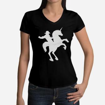 Cowboy Riding A Magical Unicorn Distressed Women V-Neck T-Shirt - Monsterry DE