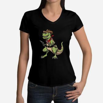 Cowboy T Rex Dinosaur Women V-Neck T-Shirt | Crazezy