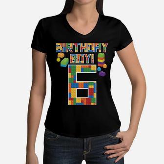 Cute 6Th Birthday Gift 6 Years Old Block Building Boys Kids Women V-Neck T-Shirt | Crazezy DE