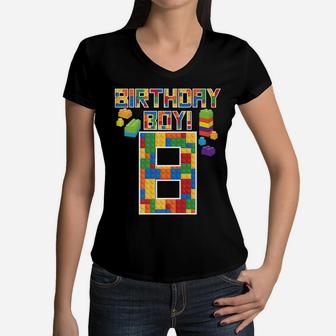 Cute 8Th Birthday Gift 8 Years Old Block Building Boys Kids Women V-Neck T-Shirt | Crazezy