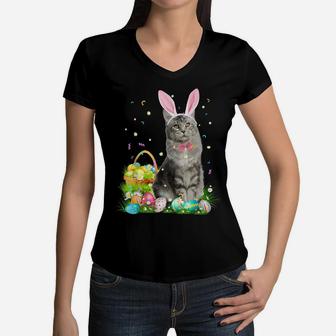 Cute Cat Easter Day Bunny Eggs Costume Gift Mens Womens Kids Women V-Neck T-Shirt | Crazezy