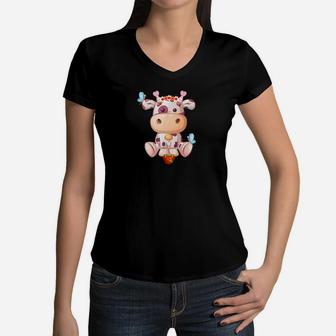 Cute Cow Strawberry Hearts Valentines Day Girls Hearts Women V-Neck T-Shirt - Monsterry AU