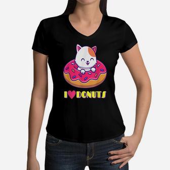 Cute Cuddly Kitty I Love Donuts Food - Cat Lovers For Girls Women V-Neck T-Shirt | Crazezy UK