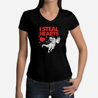 Cute Cupid Trex Dinosaur Boys Valentines Day I Steal Hearts Women V-Neck T-Shirt - Monsterry AU