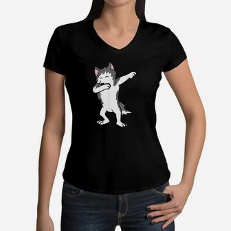 Cute Dabbing Husky Dog Love Huskies Kids Husky Women V-Neck T-Shirt | Crazezy