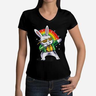 Cute Easter Bunny Dabbing Design For Boys & Girls Women V-Neck T-Shirt | Crazezy AU
