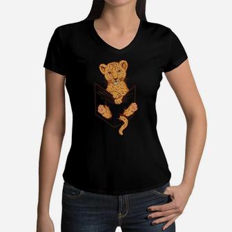 Cute Lion Cub On A Shirt Pocket African Safari Animal Kids Women V-Neck T-Shirt | Crazezy AU