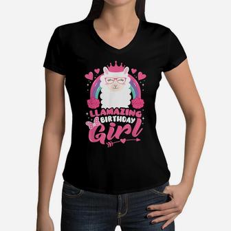 Cute Llamazing Birthday Girl Llama Alpaca Bday Party Gift Women V-Neck T-Shirt | Crazezy UK