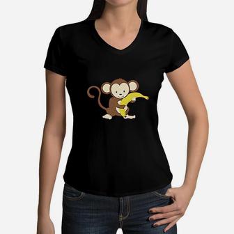 Cute Rascals Kids Monkey Banana Safari Women V-Neck T-Shirt | Crazezy