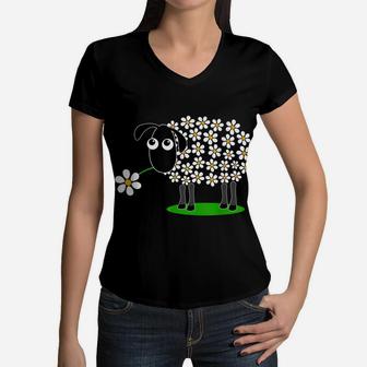 Cute Sheep With Flower Wool Gift For Girls Women Tee Women V-Neck T-Shirt | Crazezy
