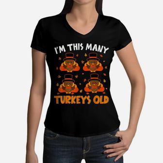 Cute Turkey 4Th Birthday Lover Kids Thanksgiving Women V-Neck T-Shirt | Crazezy