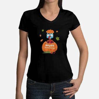 Cute Turkey Pilgrim In Pumpkin Thanksgiving Kids Women V-Neck T-Shirt | Crazezy CA