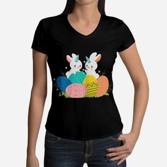 Cute Unicorn Bunny Girls Toddler Eggs Hunting Easter Pajama Women V-Neck T-Shirt | Crazezy DE