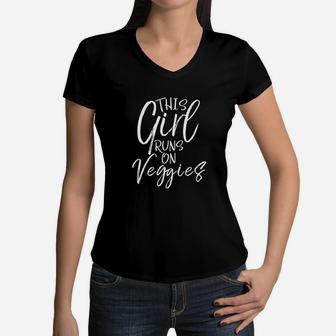 Cute Vegetarian Quote For Women This Girl Runs On Veggies Women V-Neck T-Shirt | Crazezy AU