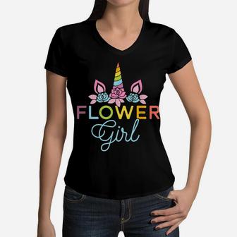 Cute Wedding Flower Girl Unicorn Bridesmaid Gift Shirts Women V-Neck T-Shirt | Crazezy