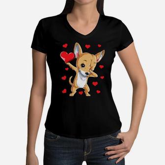 Dabbing Chihuahua Heart Valentines Day Boys Love Dog Women V-Neck T-Shirt - Monsterry UK