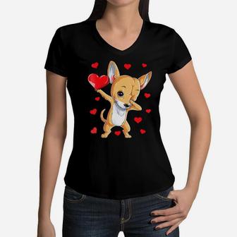Dabbing Chihuahua Valentines Day Dog Lover Heart Boys Women V-Neck T-Shirt - Monsterry UK
