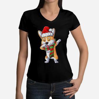 Dabbing Corgi Santa Christmas Gifts Girls Kids Boys Men Xmas Women V-Neck T-Shirt | Crazezy CA