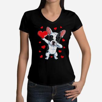 Dabbing French Bulldog Valentines Day Dog Heart Boys Women V-Neck T-Shirt - Monsterry CA