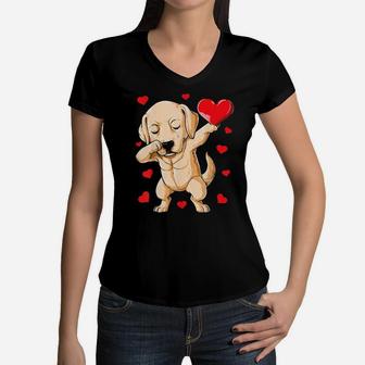Dabbing Labrador Valentines Day Dog Lover Heart Boys Women V-Neck T-Shirt - Monsterry DE