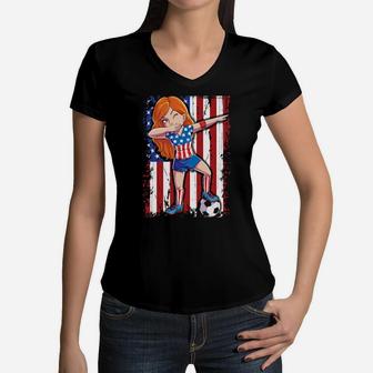 Dabbing Soccer Girl 4Th Of July American Flag Usa Us Women V-Neck T-Shirt - Monsterry