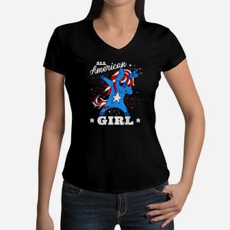 Dabbing Unicorn 4Th Of July Girls Patriotic American Women V-Neck T-Shirt - Monsterry UK