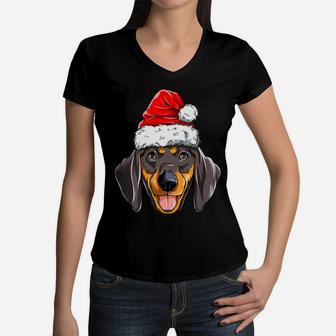 Dachshund Christmas Dog Santa Hat Xmas Boys Kids Girls Gifts Women V-Neck T-Shirt | Crazezy