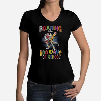 Dinosaur Roaring 100Th Day Of School Trex Dabbing Pencil Boy Women V-Neck T-Shirt | Crazezy