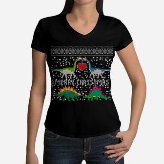 Dinosaur Ugly Christmas Sweater Funny Xmas Gift Adults Kids Sweatshirt Women V-Neck T-Shirt | Crazezy