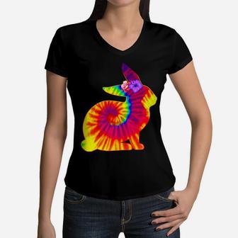 Easter Hippie Bunny Rabbit Tie Dye Print Top For Girls Women Women V-Neck T-Shirt | Crazezy