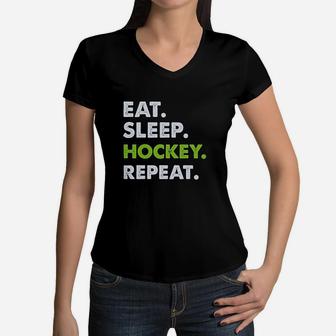 Eat Sleep Hockey Repeat Boys Gift For Hockey Lover Youth Women V-Neck T-Shirt | Crazezy UK