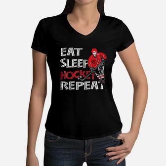 Eat Sleep Hockey Repeat For Boys With Puck And Stick Women V-Neck T-Shirt | Crazezy UK